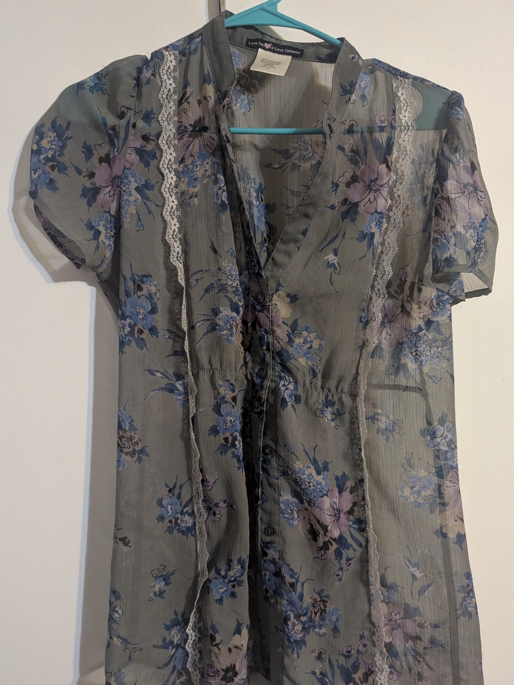 Love Squared Sheer Floral Blouse - Gray with Blue & Purple Flowers